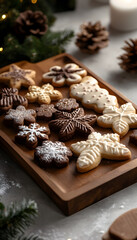 Fototapeta premium A delicious assortment of Christmas cookies on a rustic wooden table, dusted with powdered sugar, perfect for holiday baking themes and festive gatherings.