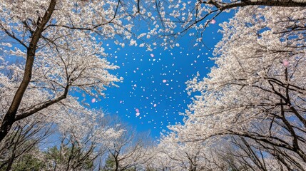Fototapeta premium A serene view of cherry blossoms against a bright blue sky, creating a tranquil atmosphere.