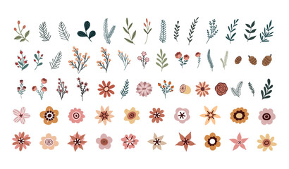 Flower collection with leaves, flower bouquets. Vector flowers. Spring art print with botanical elements in hand drawn style