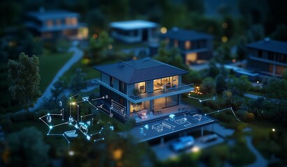 AI generator images of smart home or outdoor space seamlessly integrated with technology devices, including sensors and connected technology. Include elements like smart appliances, security systems
