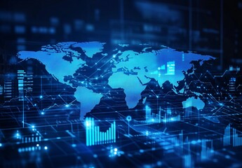 Obraz premium Futuristic Digital World Map with Data Charts