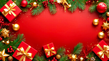 Merry Christmas and Happy New Year rich red background design with christmas tree spruce branch golden christmas ball snowflake sparkling lights confetti frame
