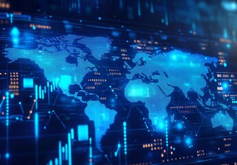 Obraz premium Futuristic Digital World Map with Data Points and Charts