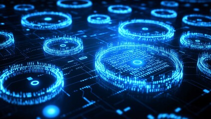 Abstract Futuristic Background With Blue Glowing Circles And Binary Code