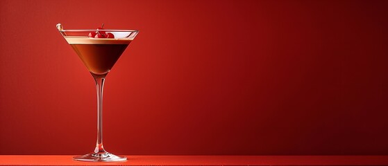 A close-up of a chocolate martini glass with space for text or background use against a spotlessly crimson studio backdrop, Generative AI.