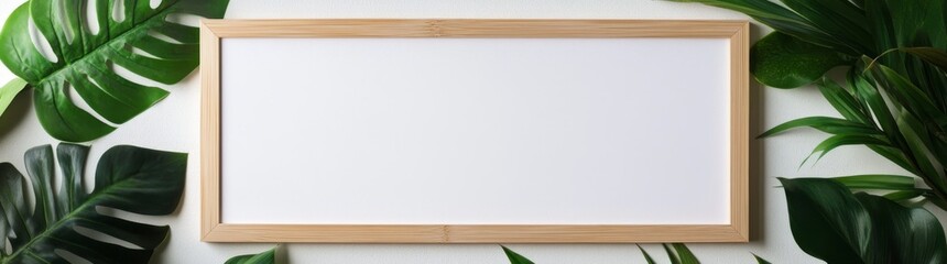 Fototapeta premium Wooden frame with tropical leaves. Exotical background with copy space for text. Isolated on white background. Mockup template
