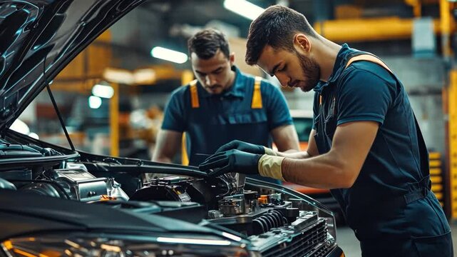 Two men are working on a car engine