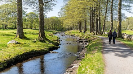 Fototapeta premium A serene riverside path with people walking among trees and greenery.