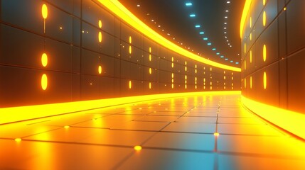 黄色に輝くライトが輝く未来的な廊下。