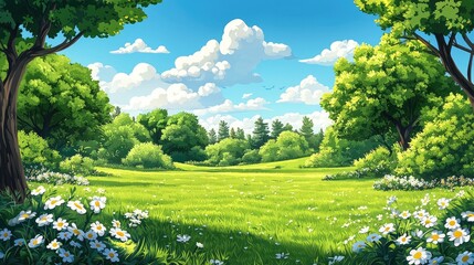 Lush green meadow with white daisies and trees.