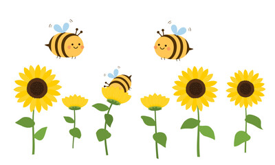 Set of sunflower with green leaves and bee cartoons icon signs isolated on white background vector.