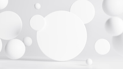 Modern abstract white light background elegant circle shape design. Geometric white gray with circles cover in trendy style. Template and wallpaper for beautiful background. Copy space. 3d rendering