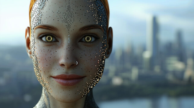 Close-up of a smiling female cyborg with intricate cybernetic face details, glowing eyes, futuristic city in background