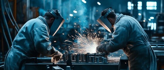 AI generator image of production of valves in a vacuum technology facility. Show the precise manufacturing process, focusing on the machinery and tools. Two workers in professional light gray welder
