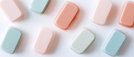 A row of small, colorful containers of soap