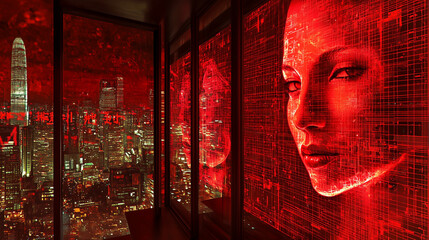 Futuristic cityscape with digital red overlay and human face projected onto glass, evoking a cyberpunk atmosphere