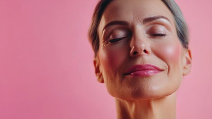 Confident Mid-50s Woman With Closed Eyes and Radiant Smile Against Bright Gradient Background