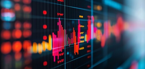 A vibrant graph displaying financial data trends with red and green bars on a dark background, symbolizing market fluctuations and trading activity.