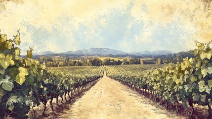 Fototapeta premium A dirt road leads through a vineyard with rows of grapevines on either side, extending into a valley with rolling hills and a blue sky with white clouds in the background. 