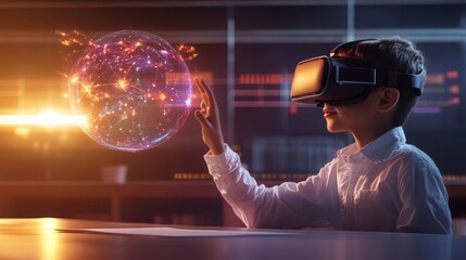 Boy Uses VR Headset Interactive Globe Futuristic Education