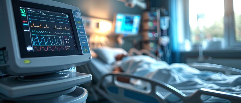 An up-close view of an active heart rate monitor in a hospital room featuring cutting-edge medical technology and a hazy patient bed with space, Generative AI.
