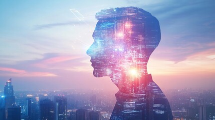 Silhouette of a man with a cityscape overlay, representing digital connection and technology.