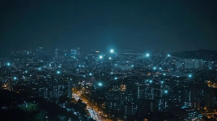 A nighttime cityscape with glowing lights and a network of connecting lines, symbolizing communication and technology.