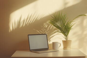 Laptop and mug on a white desk, plant in the background, beige wall, remote work, work desk, aesthetic interior design