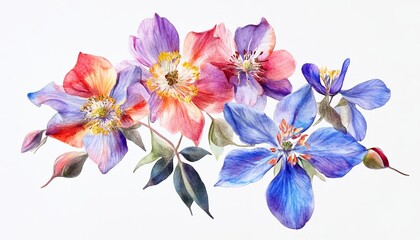 Watercolor Hand-Painted Alpine Flowers with Bright Colors on White Background