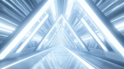 Obraz premium A futuristic tunnel with white neon lights and a reflective floor, creating a symmetrical and abstract design.