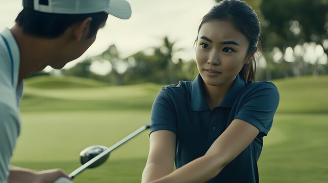 Young woman listens intently as her golf coach gives her instructions on the green.
