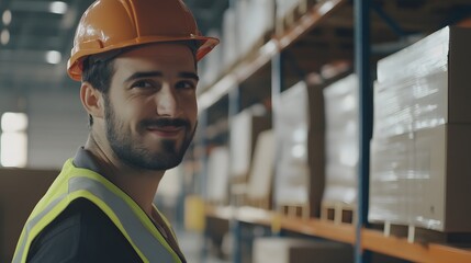 Fototapeta premium Smiling warehouse worker in hardhat looks over his shoulder.