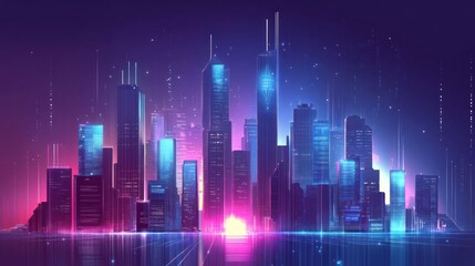 A futuristic city skyline with neon lights reflecting on the water.