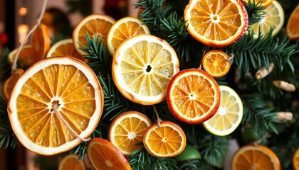 Festive Christmas tree adorned with dried citrus slices, adding a natural and vibrant touch to holiday decor. Perfect for eco-friendly and rustic Christmas decoration themes.

