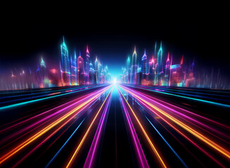 A neon cityscape with bright, glowing lines representing the roads.