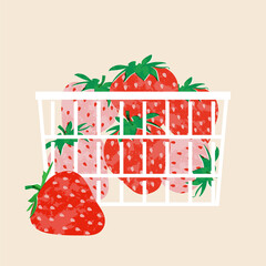 Strawberries in basket colorful wallpaper print background. Fruit illustration isolated on background. Greeting card with strawberry for your design