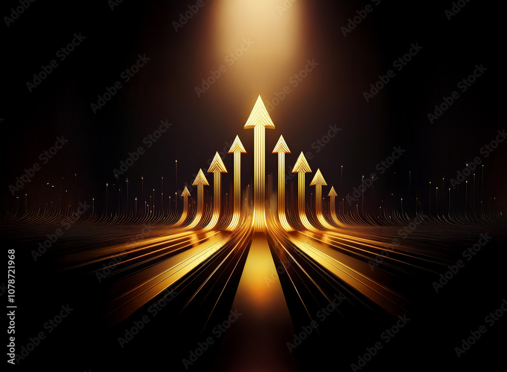 Aufkleber Multiple golden arrows point upward, illuminating a dark background with a spotlight.  The arrows are positioned on a path of parallel lines.