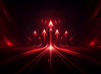 A dark background with red glowing arrows pointing upwards and radiating outward.  The arrows are on a red glowing road that appears to be opening up in front of the viewer.