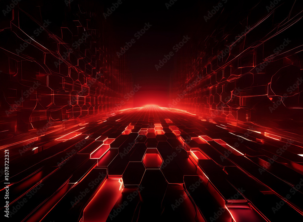 Poster a futuristic red glowing path leading into the distance, surrounded by geometric shapes.