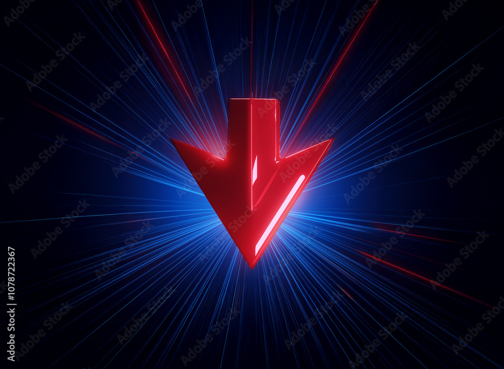 Poster a red arrow pointing down, glowing with light, set against a dark blue background with radiating lin