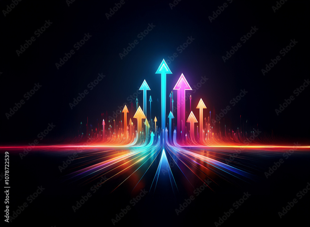 Aufkleber a dark background with glowing neon arrows pointing upwards on a horizon of lines of light.