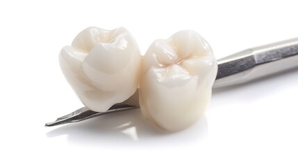 A Single Tooth Standing Isolated with a Tool Beside It on a Clean White Background. Detailed View of Dental Object and Associated Implement in a Plain Setting.