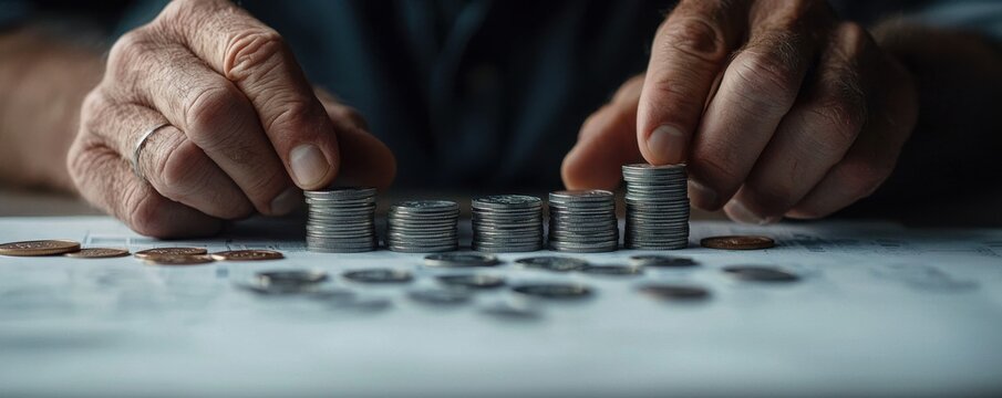 Carefully arranging stacks of coins on a table to illustrate effective retirement planning strategies