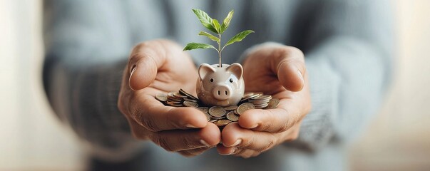 Cultivating financial growth how hands holding a piggy bank with a growing plant symbolizes successful retirement planning