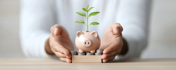 Cultivating financial security how hands holding a piggy bank and growing plant symbolize effective retirement planning