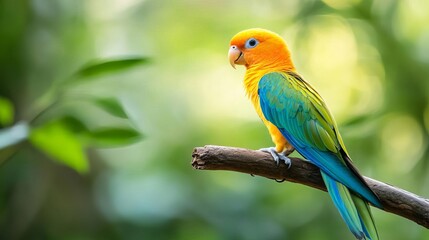 Obraz premium A vibrant yellow, blue, and green parrot perched on a branch.