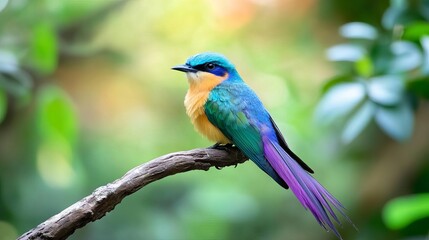 Obraz premium Vibrant blue and purple bird perched on a branch in a lush green forest.