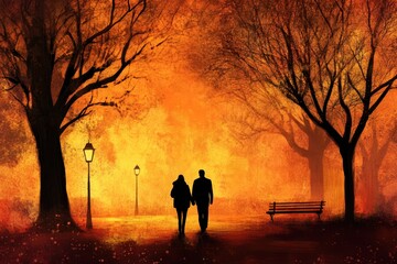 Fototapeta premium Couple Walking in a Lush Sunset Park Scene