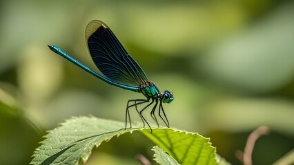 blue dragonfly on a green leaf