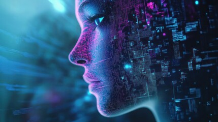A digital portrait of a woman with glowing blue and pink colors and data streaming around her face.
